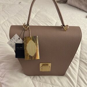 Arcadia Beige Leather Satchel with Gold Accents